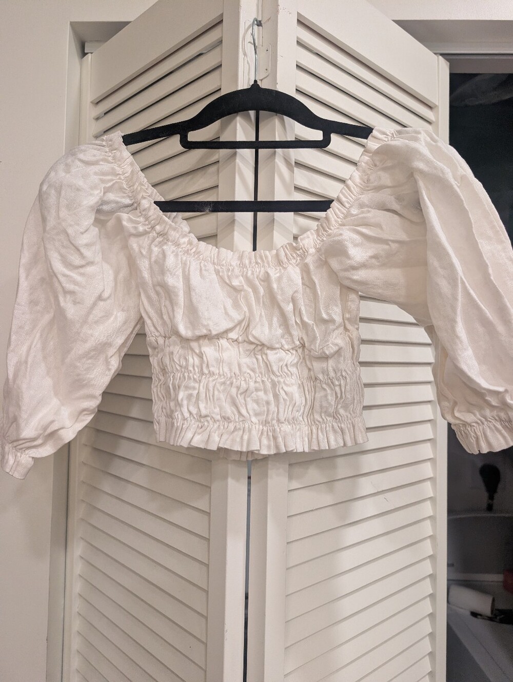 Palm Collective White Puff Sleeve Smocked Crop Top Size Small 100% Linen Aussie